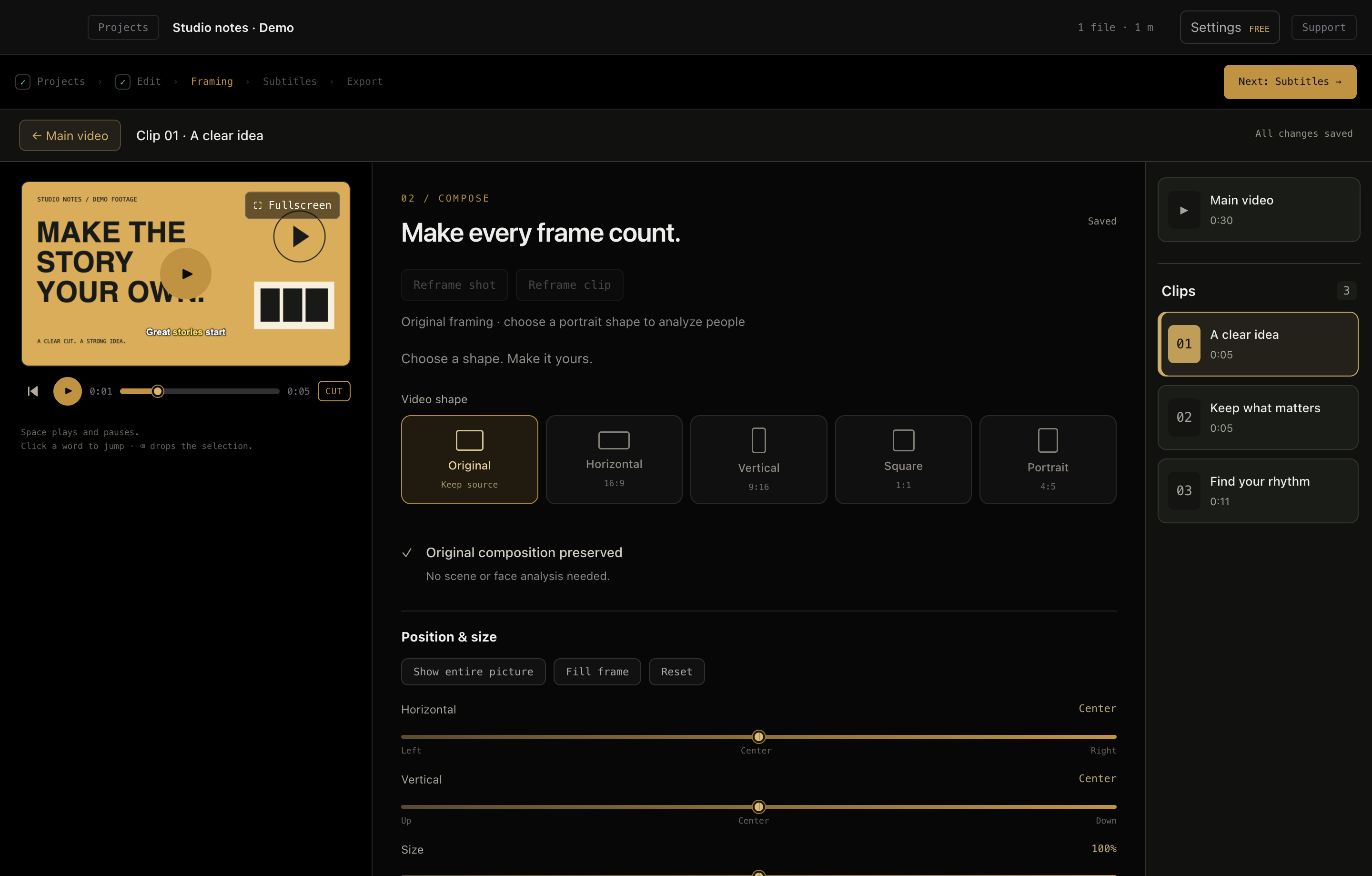 The real DF Editor framing controls, shown with synthetic demonstration footage